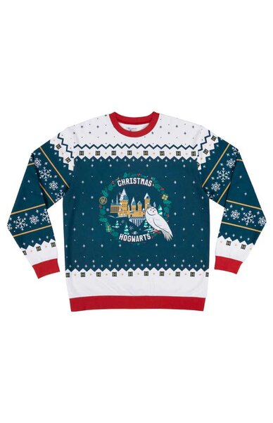 A white, green, and red sweater with Christmas patterns and Hogwarts in the middle.
