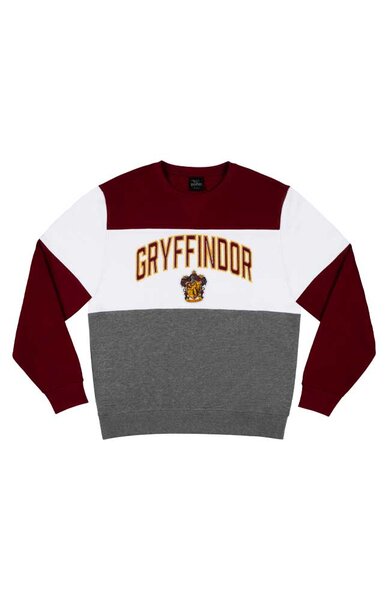 A red, white, and gray crewneck sweater that says "Gryffindor."