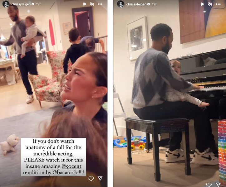 A screenshot of Chrissy Teigen singing while John Legend dances in the background, and a screenshot of John Legend playing the piano with baby Esti in his lap