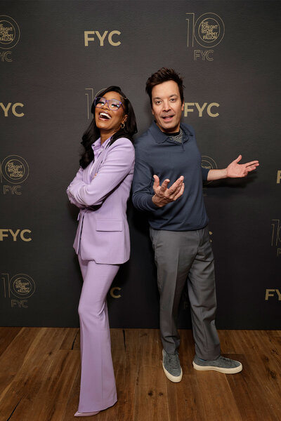 Keke Palmer and Jimmy Fallon pose for a photo at The Tonight Show With Jimmy Fallon FYC event