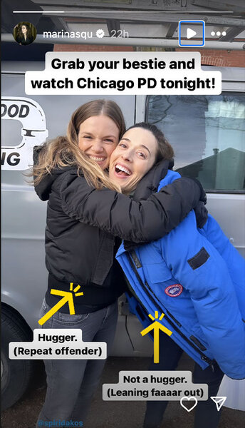 Tracy Spiridakos and Marina Squerciati share a hug on set of Chicago P.D.