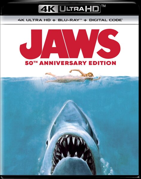 Box art for the 4k 50th Anniversary Edition of Jaws (1975) featuring a shark under a swimmer.
