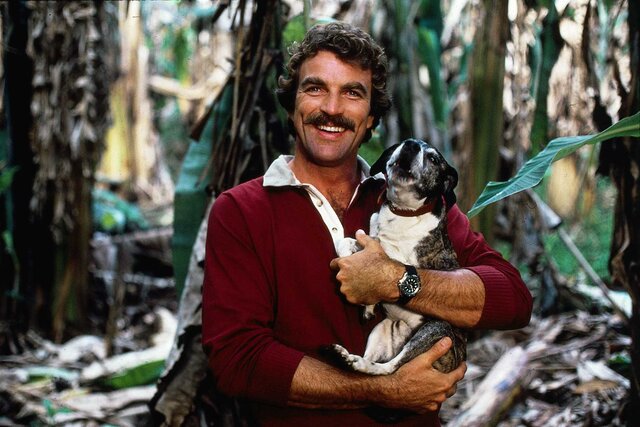 Tom Selleck holding a dog on the set of Magnum P.I.