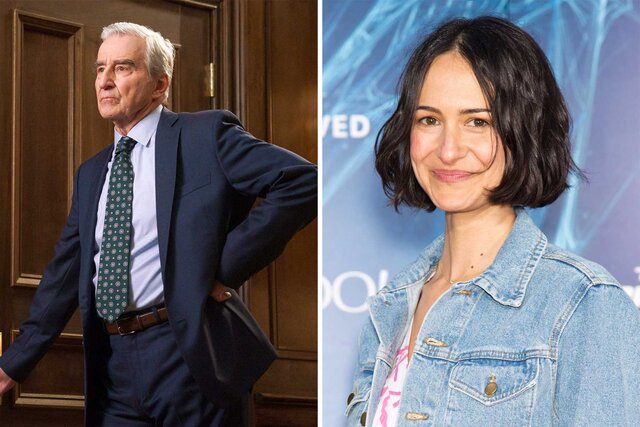 Split image of D.A. Jack McCo (Sam Waterston) and daughter Elisabeth Waterston.
