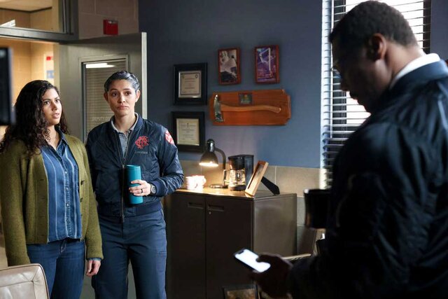 Kylie (Katelynn Shennett), Stella Kidd (Miranda Rae Mayo), and Wallace Boden (Eamonn Walker) appear in a scene from Chicago Fire.