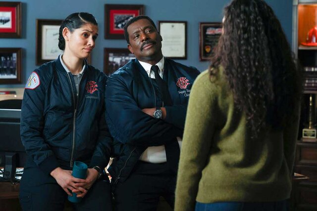 Stella Kidd (Miranda Rae Mayo), Wallace Boden (Eamonn Walker), and Kylie (Katelynn Shennett)appear in a scene from Chicago Fire.