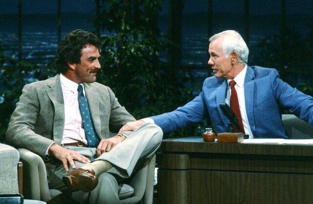 Tom Selleck during an interview with Johnny Carson on The Tonight Show.