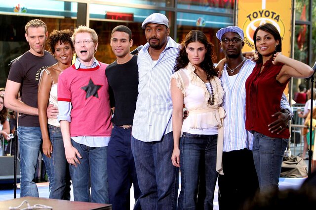Adam Pascal, Tracie Thoms, Anthony Rapp, Wilson Jermaine Heredia, Jesse L. Martin, Idina Menzel, Taye Diggs and Rosario Dawson from the movie Rent at an event.