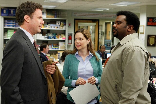 Deangelo Vickers, Pam Beesly, and Darryl Philbin appear in a scene from The Office.