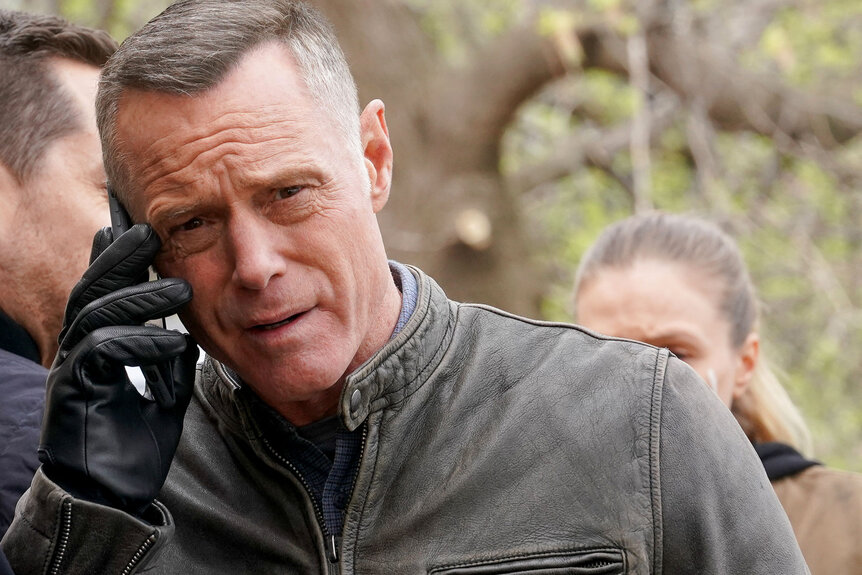 Hank Voight speaking on a cell phone on Chicago PD