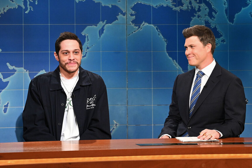 Pete Davidson and Colin Jost during 'weekend update' on Saturday Night Live
