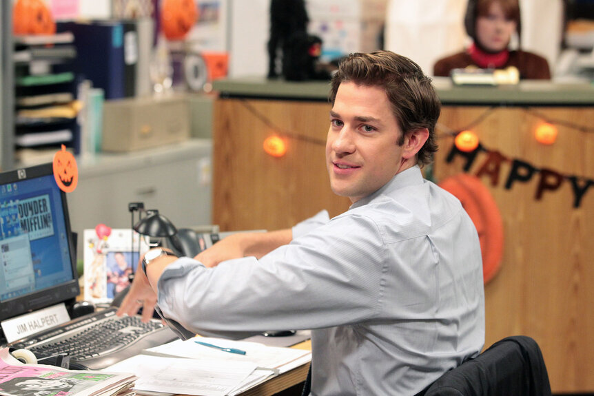 Jim Halpert at this halloween decorated desk in The Office