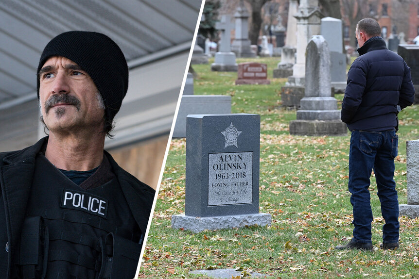 Voight standing over Alvin Olinksy's grave