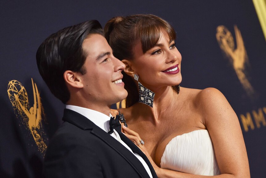 Sofia Vergara and Manolo Vergara posing on the 69th Annual Primetime Emmy Awards red carpet.