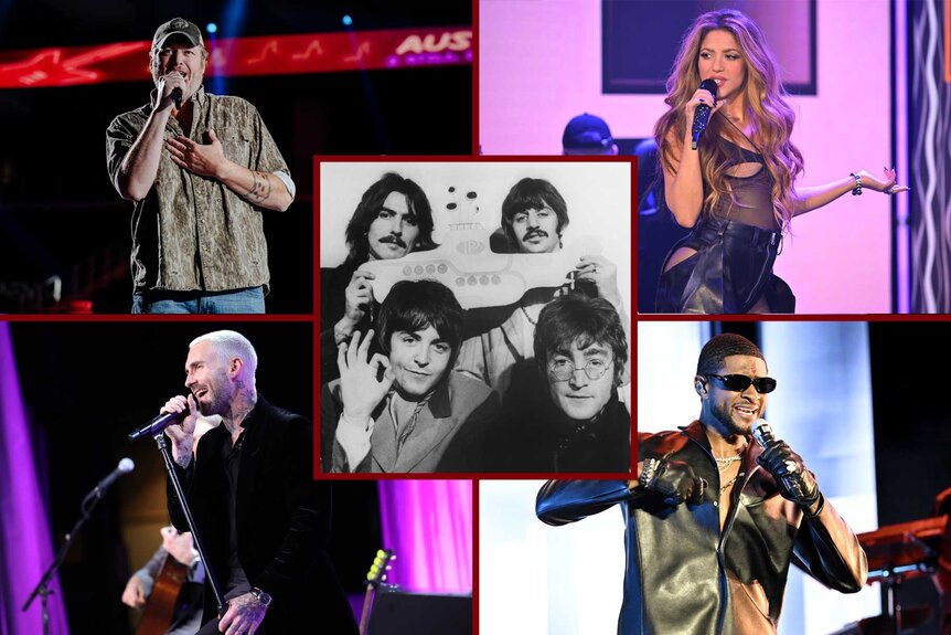 Split image of Blake Shelton, Shakira, Adam Levine, Usher and The Beatles.