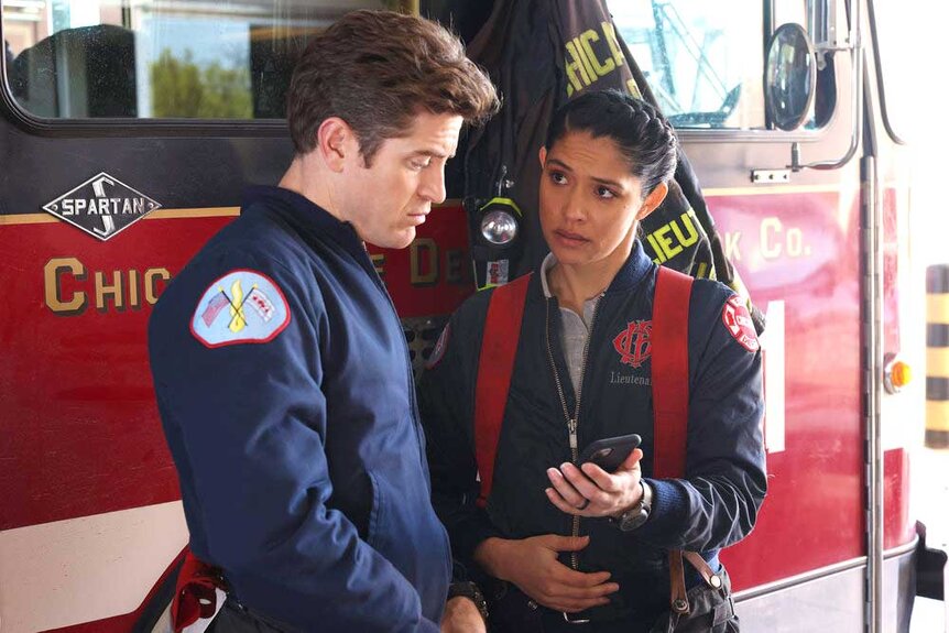 Carver (Jake Lockett) and Stella Kidd (Miranda Rae Mayo) together in Chicago Fire.