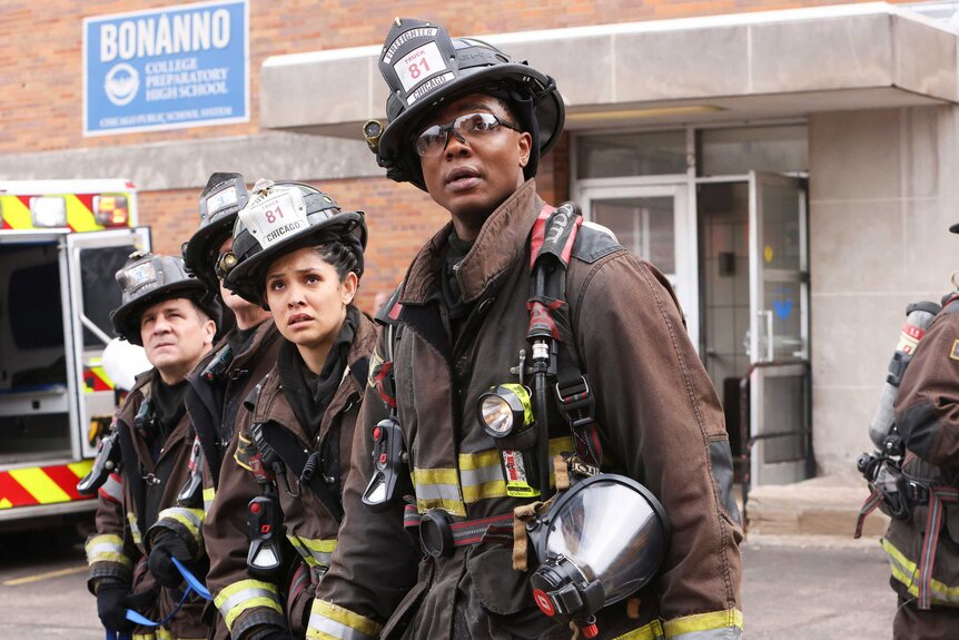 Tony (Anthony Ferraris), Stella Kidd (Miranda Rae Mayo), and Mason (Chris Mansa) appear in a scene from Chicago Fire.