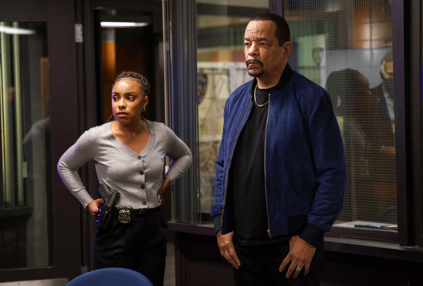 Officer Tonie Churlish (Jasmine Batchelor) and Sergeant Odafin "Fin" Tutuola (Ice T) in a scene form Law & Order: Organized Crime.