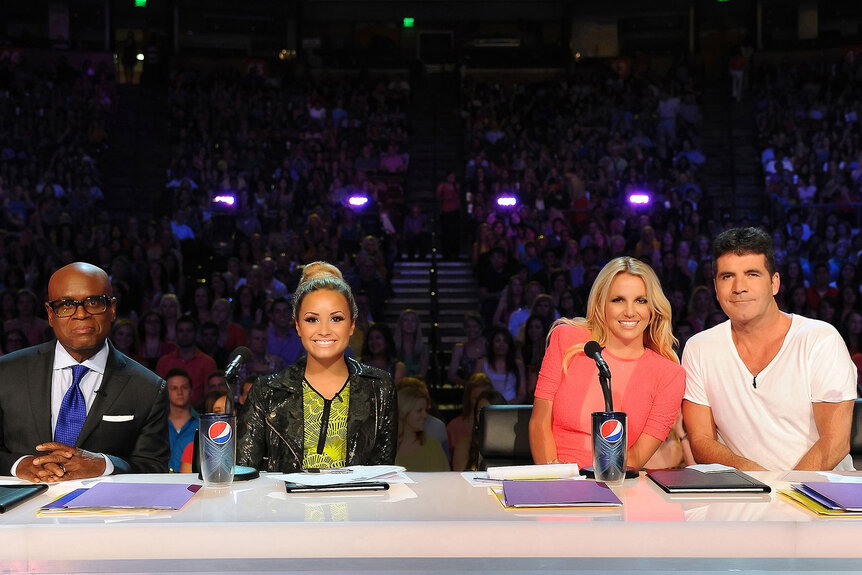L-R: L.A. Reid, Demi Lovato, Britney Spears and Simon Cowell on the set of THE X FACTOR