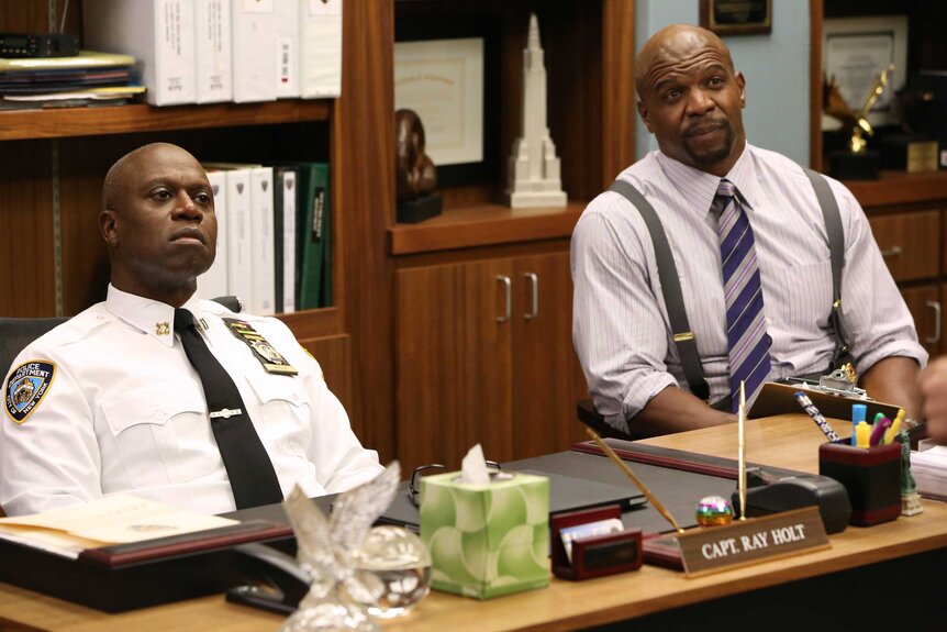 Captain Holt (Andre Braugher) and Sgt Jeffords (Terry Crews) appear on Brooklyn Nine-Nine.