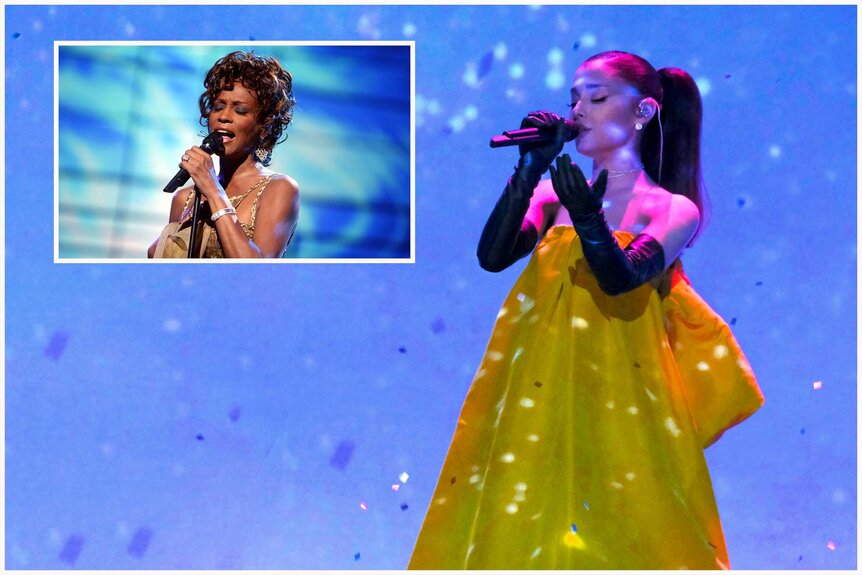 Images of Ariana Grande and Whitney Houston performing.