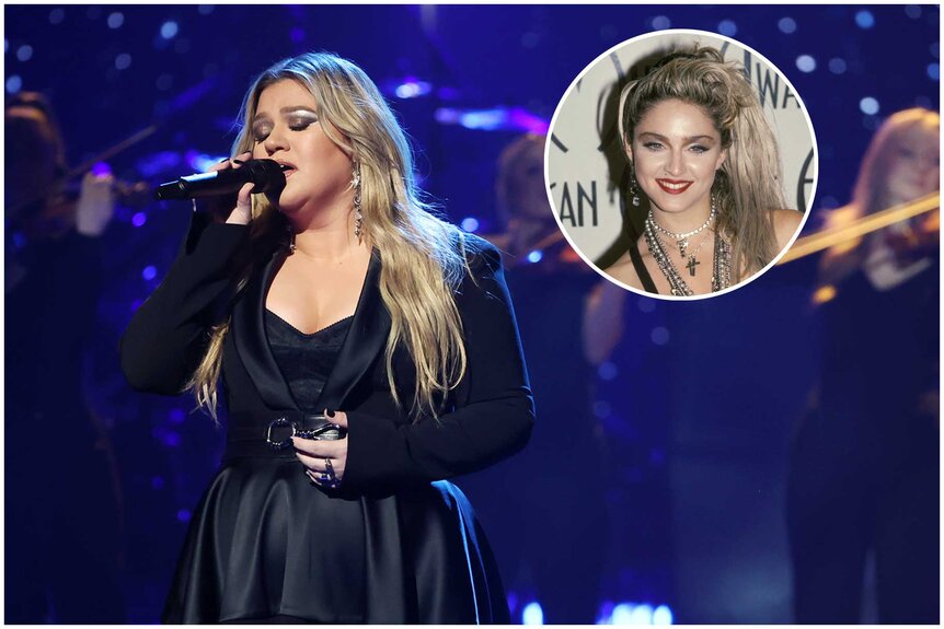 Images of Kelly Clarkson performing and Madonna.
