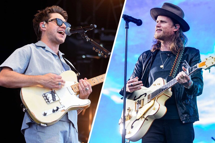 Split image Niall Horan and Wesley Schultz from The Lumineers performing.