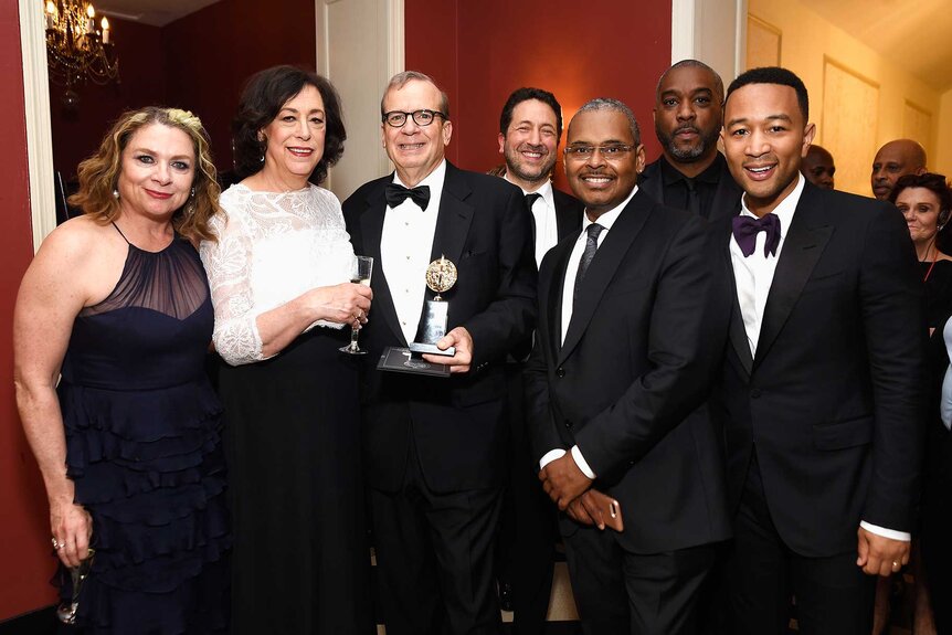 The crew of Jitney in the 2017 Tony Awards press room.