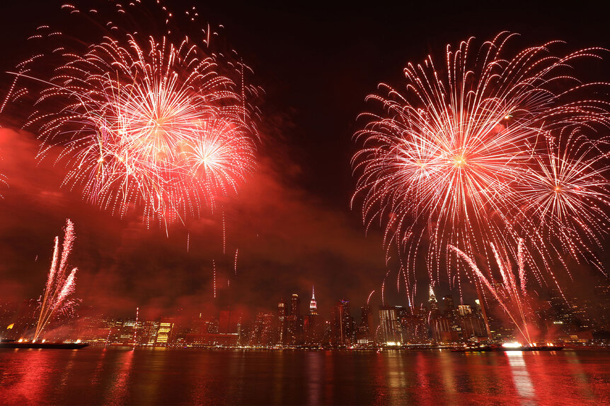 Fireworks explode over the new York City Skyline