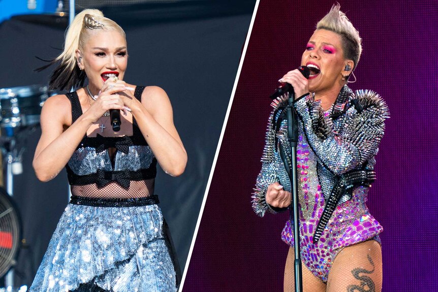Split images of Gwen Stefani and Pink's performances at BST Hyde Park Festival 2023.
