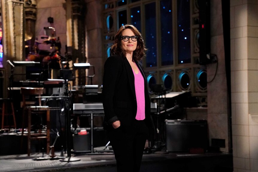 Tina Fey on stage during Saturday Night Live.