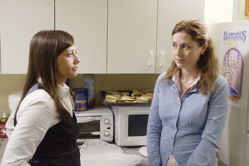 Karen Filippelli and Pam Beesly in a scene from The Office.