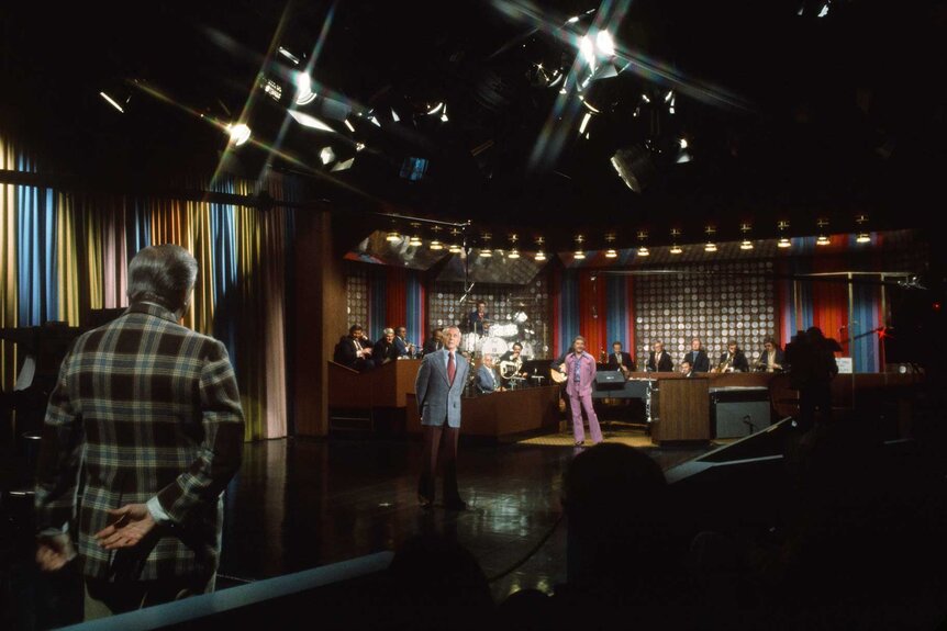 Johnny Carson, bandleader Doc Severinsen and the Tonight Show band.