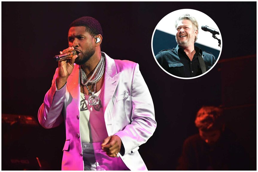 Images of Usher and Blake Shelton performing.