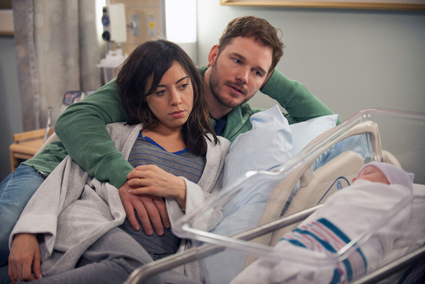 Aubrey Plaza as April, Chris Pratt as Andy