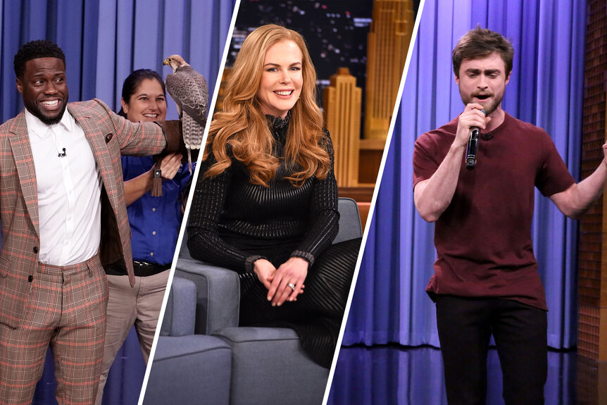 Split image of Kevin Hart, Nicole Kidman, and Daniel Radcliffe on The Tonight Show