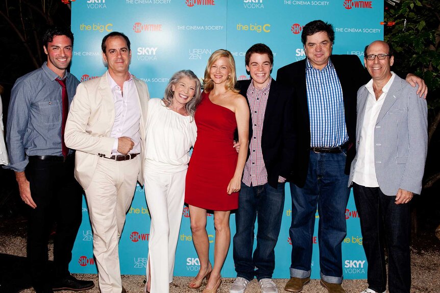 Reid Scott, Producer David Nevins, Phyllis Somerville, Laura Linney, Gabriel Basso, Oliver Platt and Showtime CEO Matt Blank appear at an event for the premiere of The Big C.