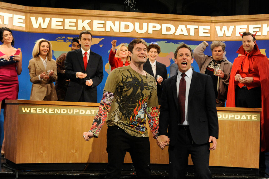 The SNL cast during Stefon's farewell appearance on Weekend Update