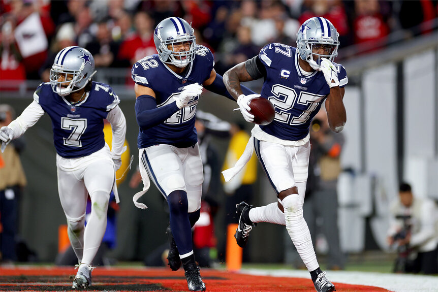 Jayron Kearse of the Dallas Cowboys celebrates after intercepting a pass against the Tampa Bay Buccaneers