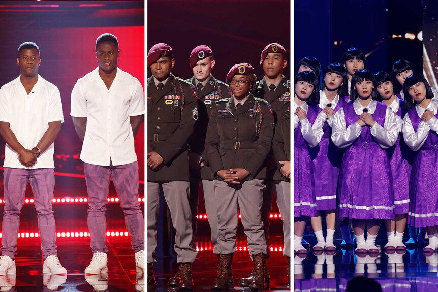 A split header of the talents Ramadhani Brothers, 82nd Airborne Chorus, and Avantgardey from America's Got Talent Season 18.