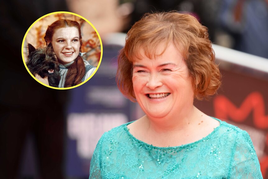An inset of Judy Garland as Dorothy overlayed on a photo of Susan Boyle attending an event.