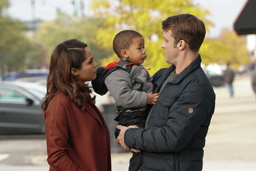 Gabriela Dawson, Louie, and Matthew Casey appear in a scene from Chicago Fire.