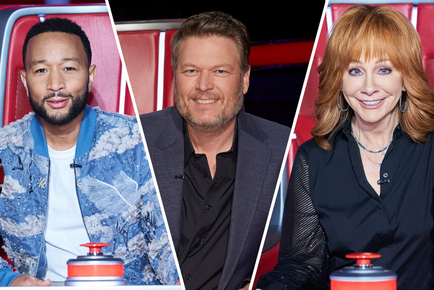 (l-r) John Legend, Blake Shelton and Reba McEntire sitting in The Voice chairs