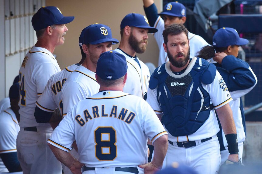 Mike Lawson talking to other members of the San Diego Padres in a scene from Pitch.