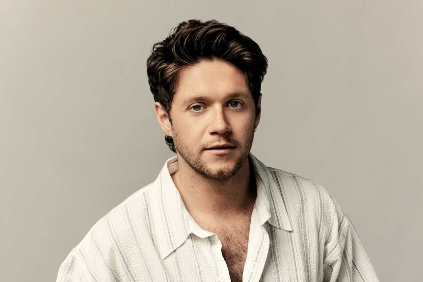 Niall Horan, wearing a white top, looking directly at the camera and posing.
