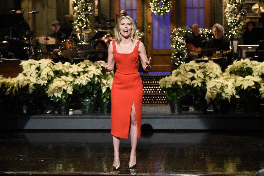 Scarlett Johansson during the monologue on Saturday Night Live.
