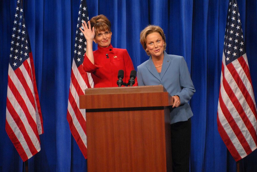 Tina Fey and Amy Poehler dressed as Sarah Palin and Hillary Clinton for a sketch on Saturday Night Live.