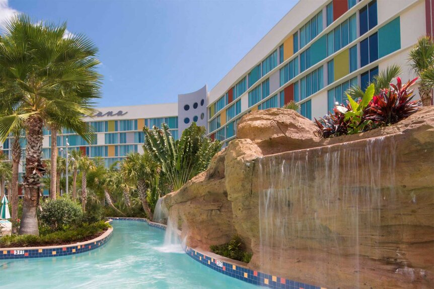 The lazy river and outside view of Universal’s Cabana Bay Beach Resort