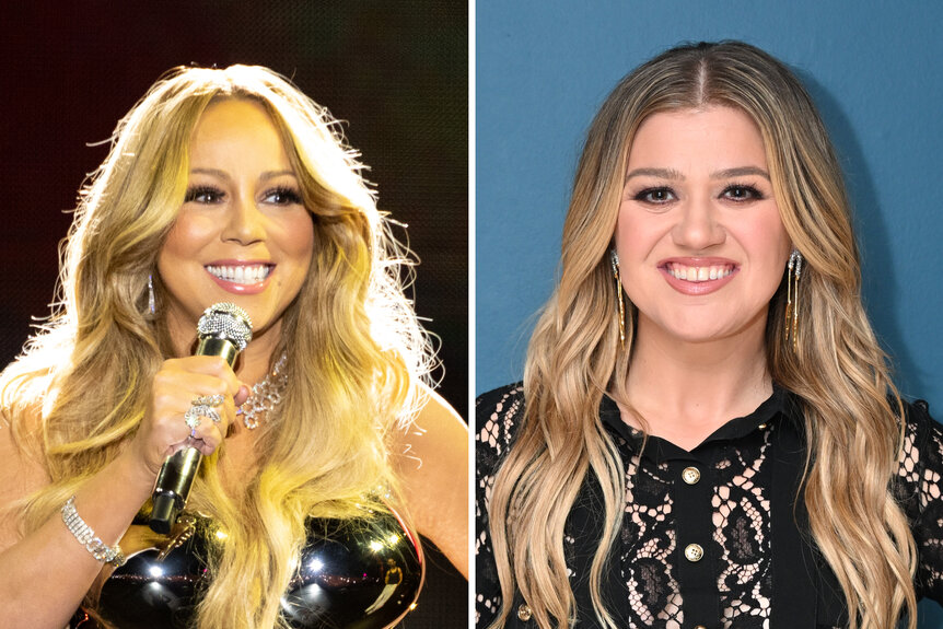 A split of Mariah Carey performing and Kelly Clarkson at the tonight show