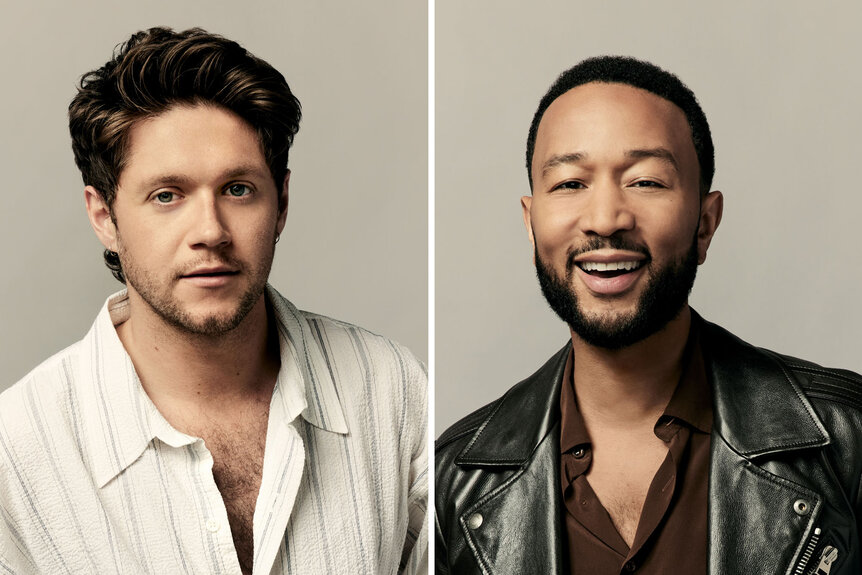 A split of Niall Horan and John Legend pose for the voice promo